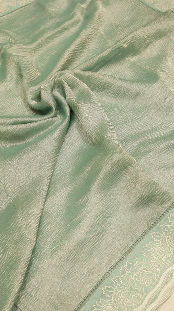 Handloom Crushed Tissue Saree With Cross-Stitched Border
