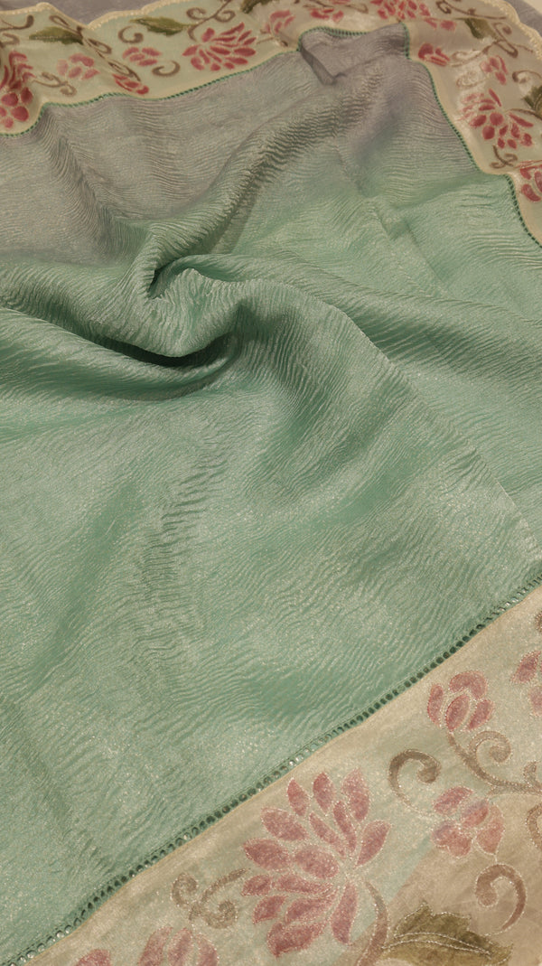Handloom Crushed Tissue Saree With Cross- Stitched Border