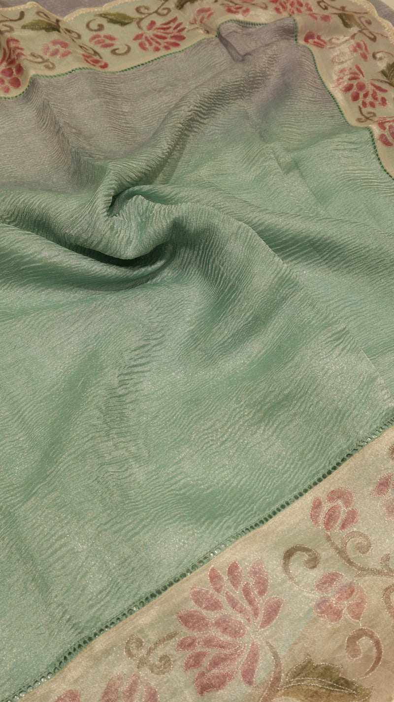 Handloom Crushed Tissue Saree With Cross- Stitched Border