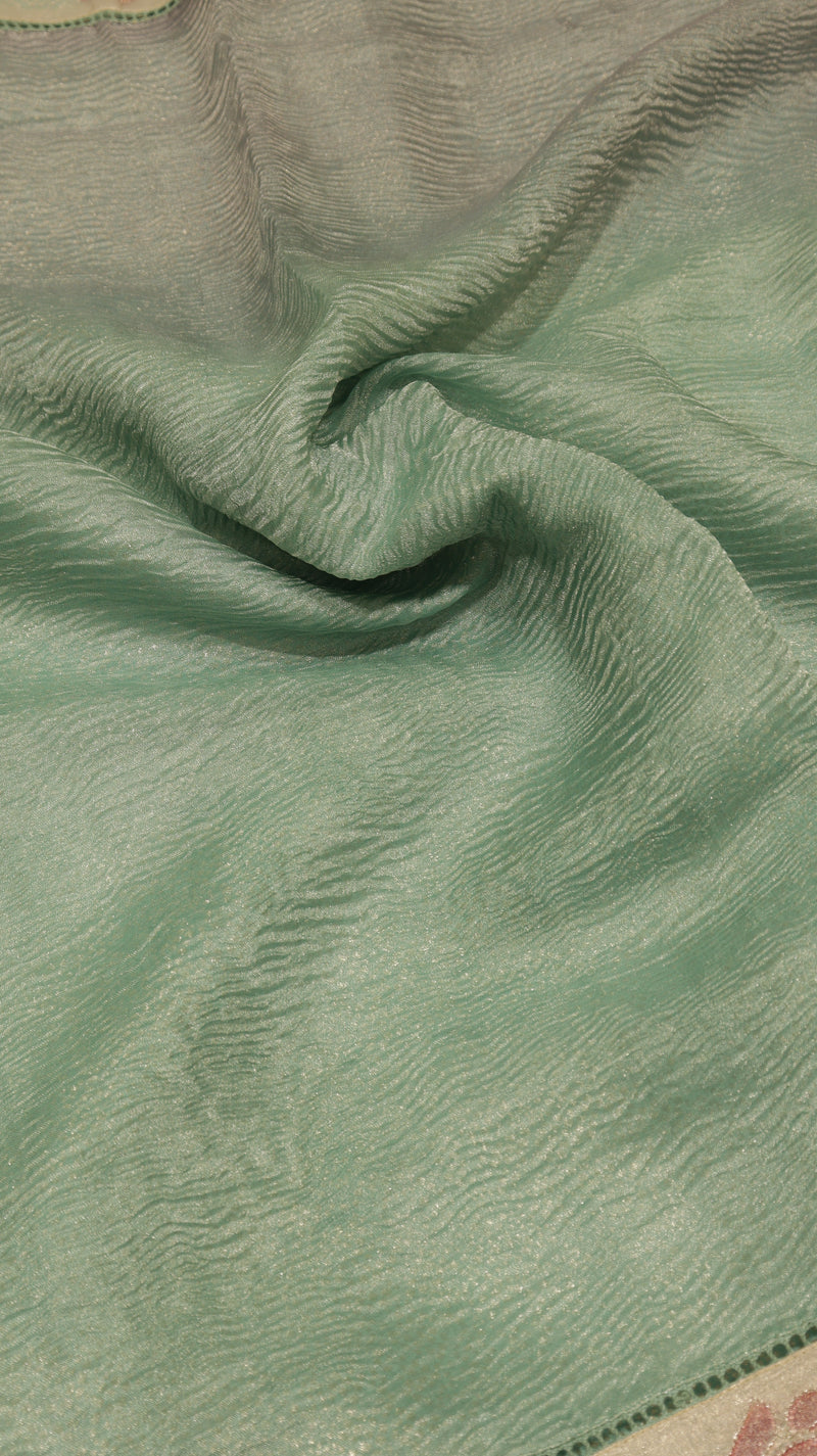 Handloom Crushed Tissue Saree With Cross- Stitched Border