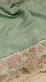 Handloom Crushed Tissue Saree With Cross- Stitched Border