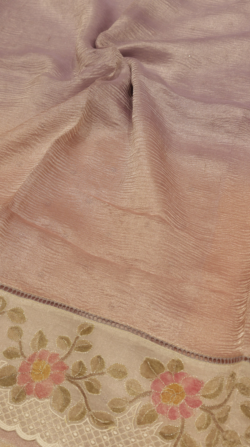 Handloom Crushed Tissue Saree With Cross Stitched Border