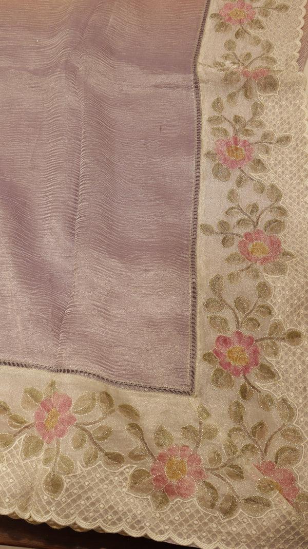 Handloom Crushed Tissue Saree With Cross Stitched Border