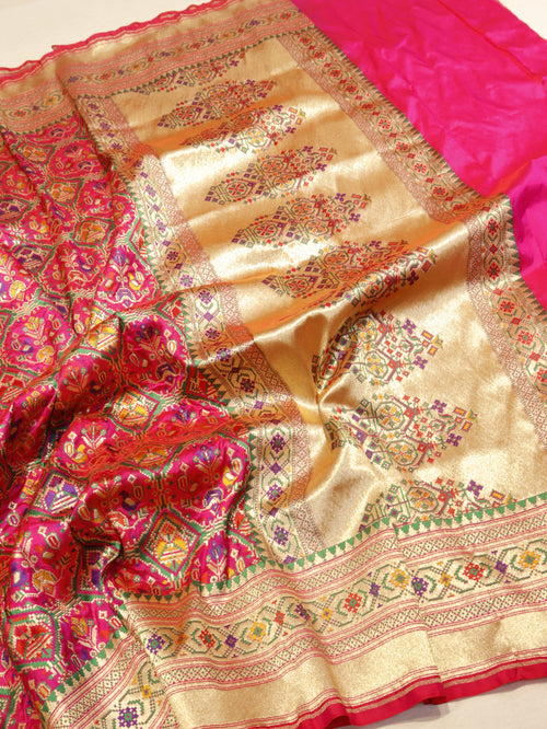 Banarasi Pure Katan Silk Patan Patola Handloom Dupatta - Pink