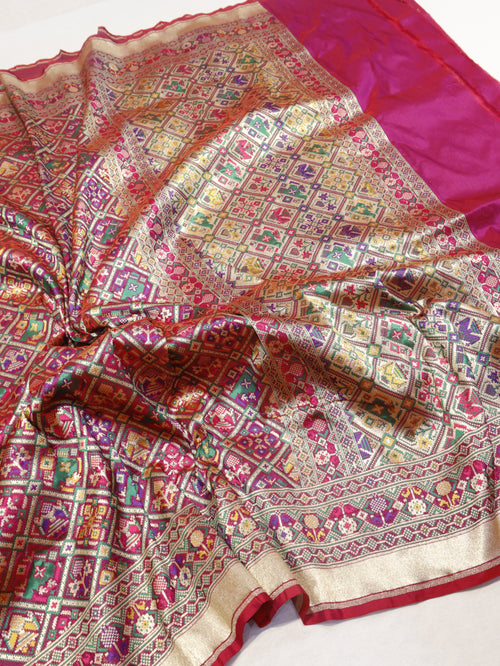 Banarasi Pure Katan Silk Patan Patola Handloom Dupatta - Pink
