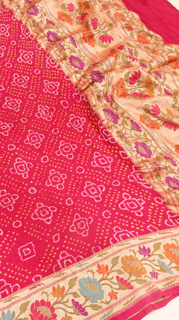 Handloom Pure Khaddi Georgette Bandhej Dupatta with Paithani Border