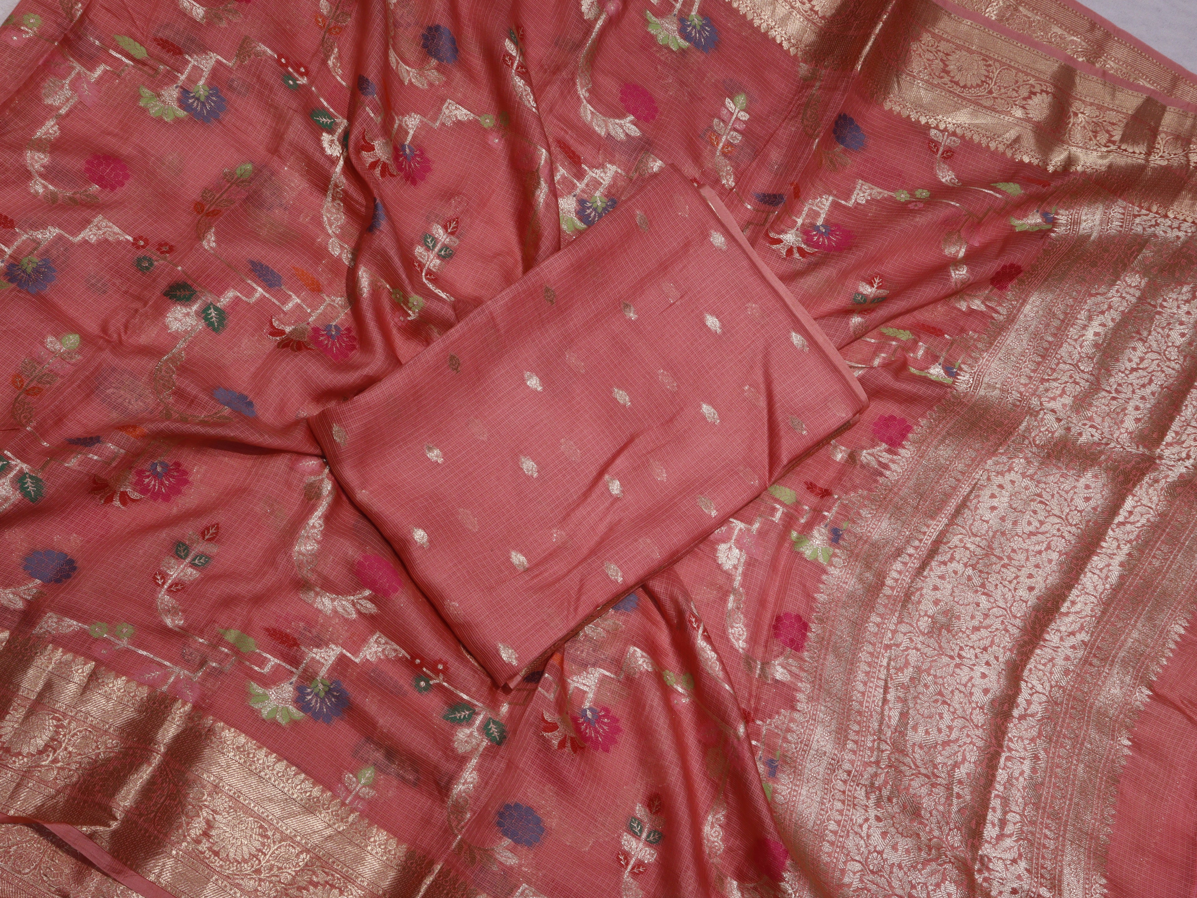 Pure Kota Cotton Paithani Suit Set - Pink Peach