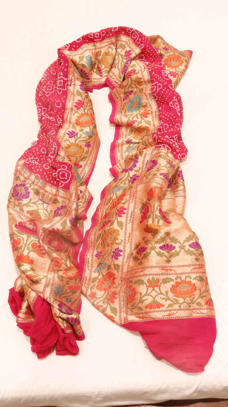 Handloom Pure Khaddi Georgette Bandhej Dupatta with Paithani Border