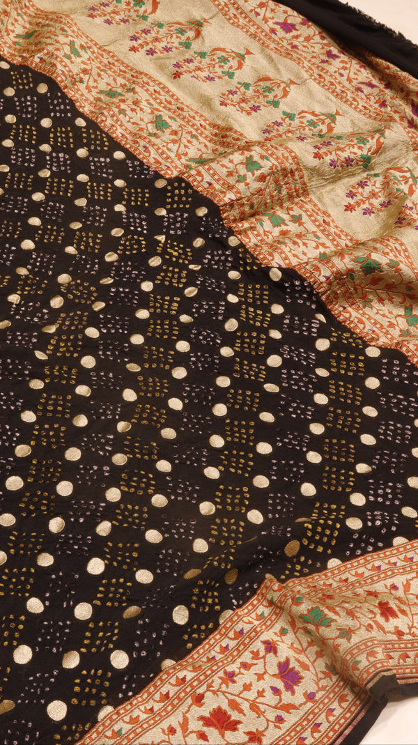 Handloom Pure Khaddi Georgette Bandhej Dupatta with Paithani Border