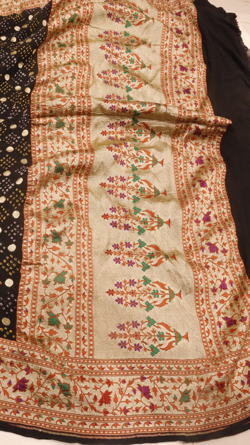Handloom Pure Khaddi Georgette Bandhej Dupatta with Paithani Border
