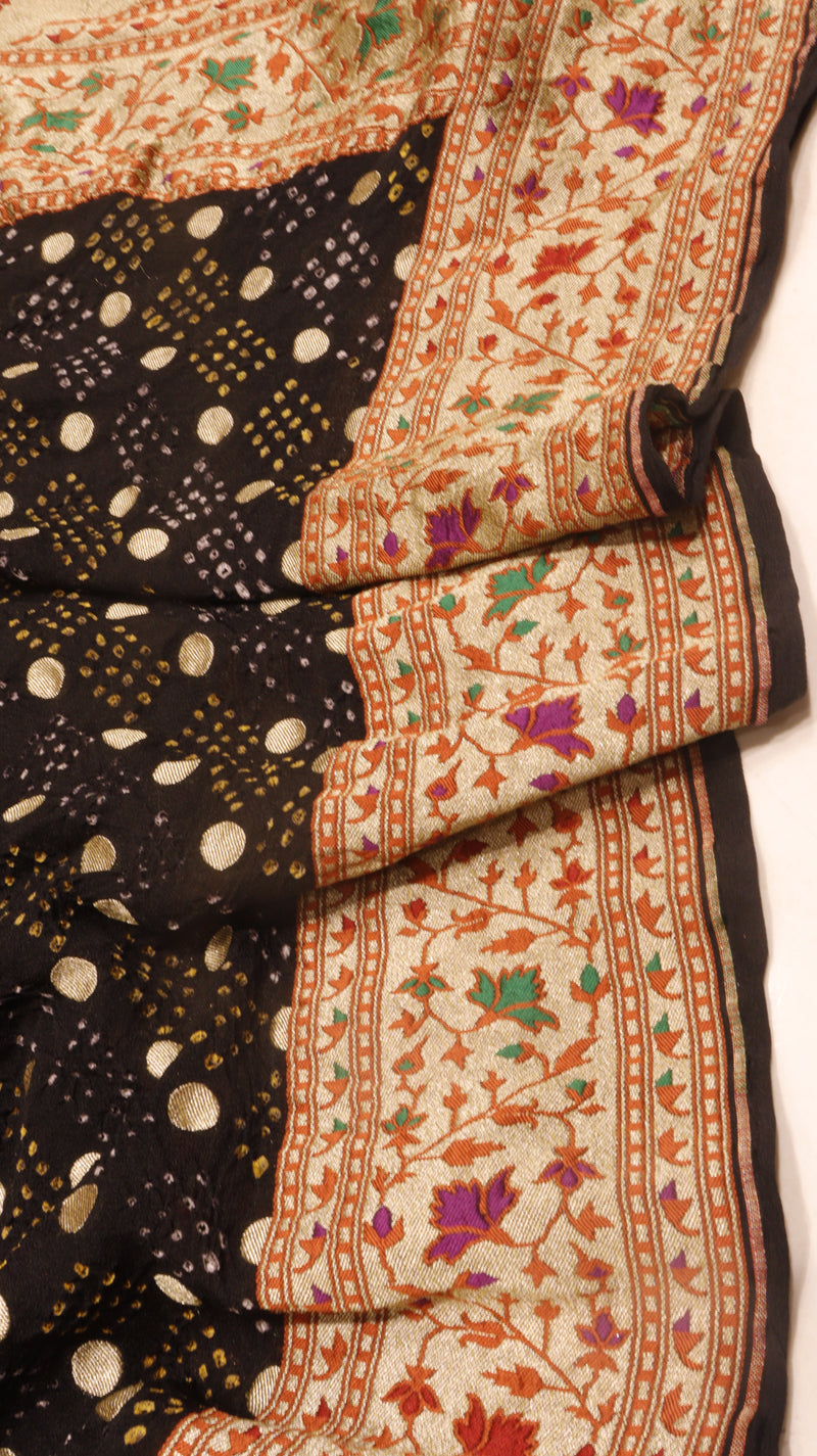 Handloom Pure Khaddi Georgette Bandhej Dupatta with Paithani Border