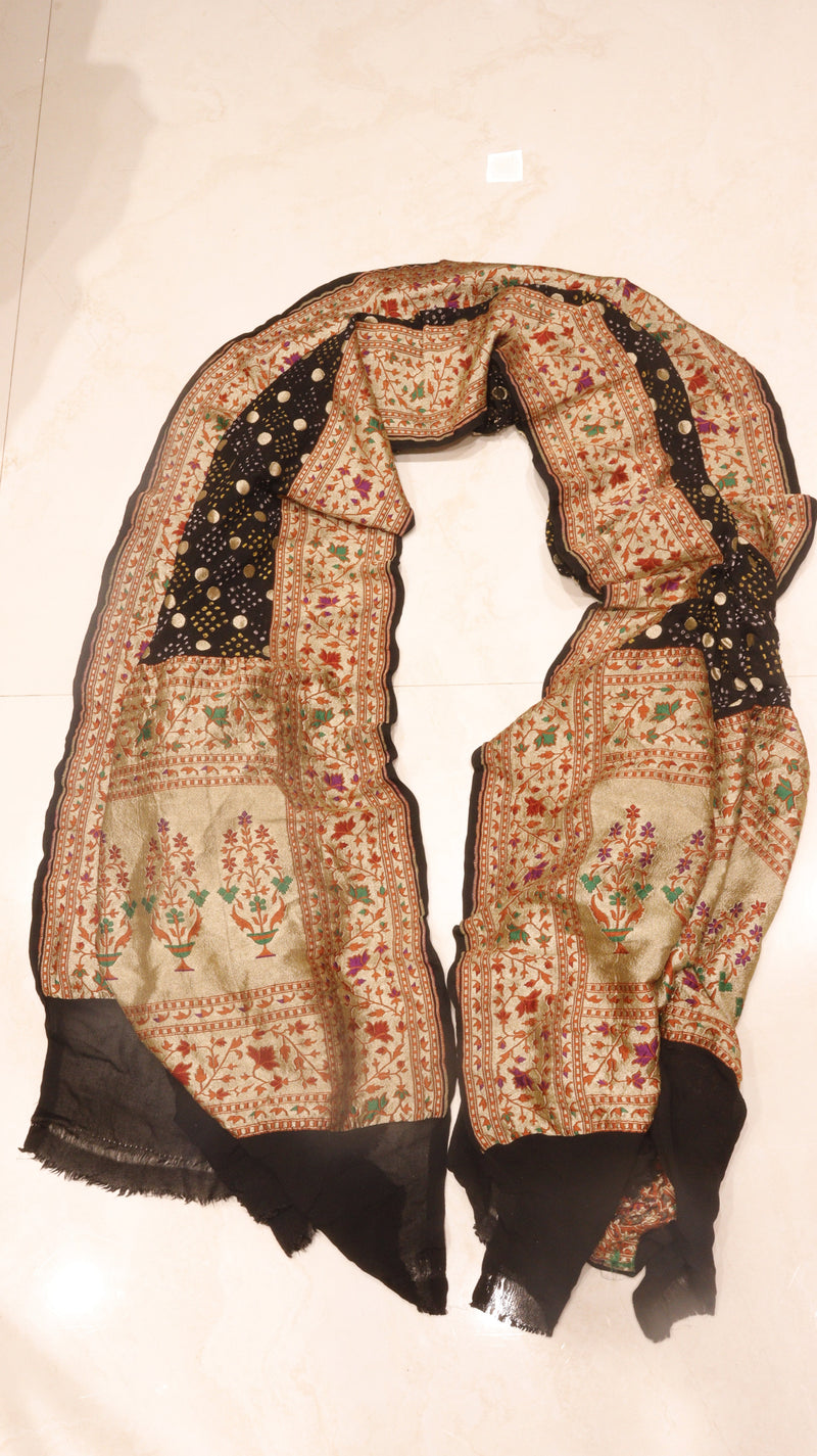 Handloom Pure Khaddi Georgette Bandhej Dupatta with Paithani Border