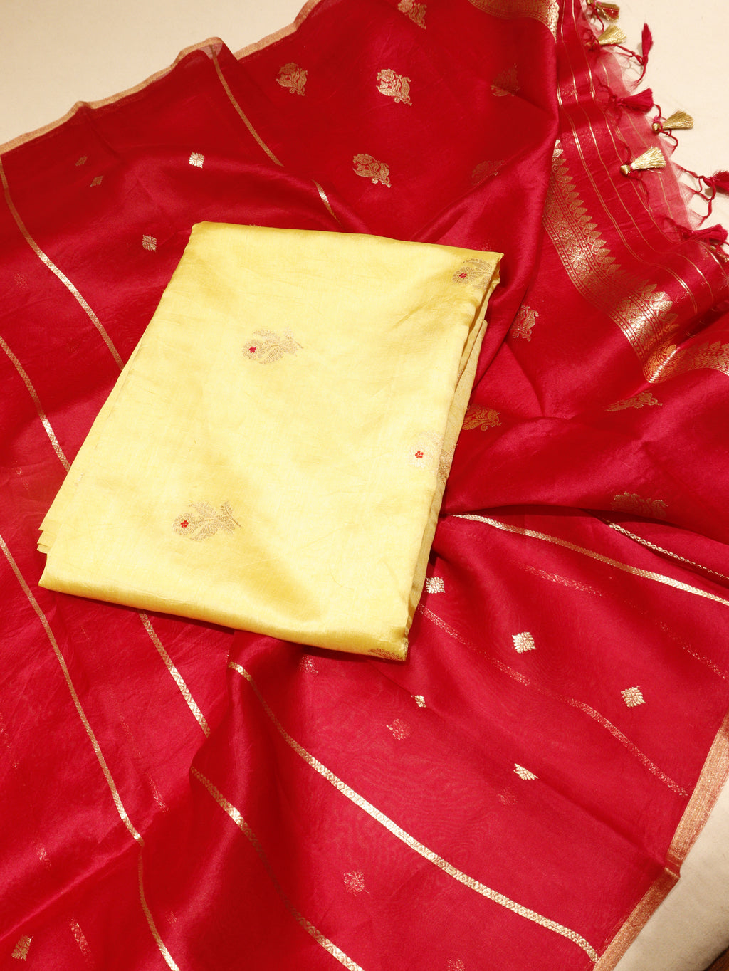 Banarasi Pure Soft Katan Silk Suit with Kora Silk Dupatta - Lemon Yellow