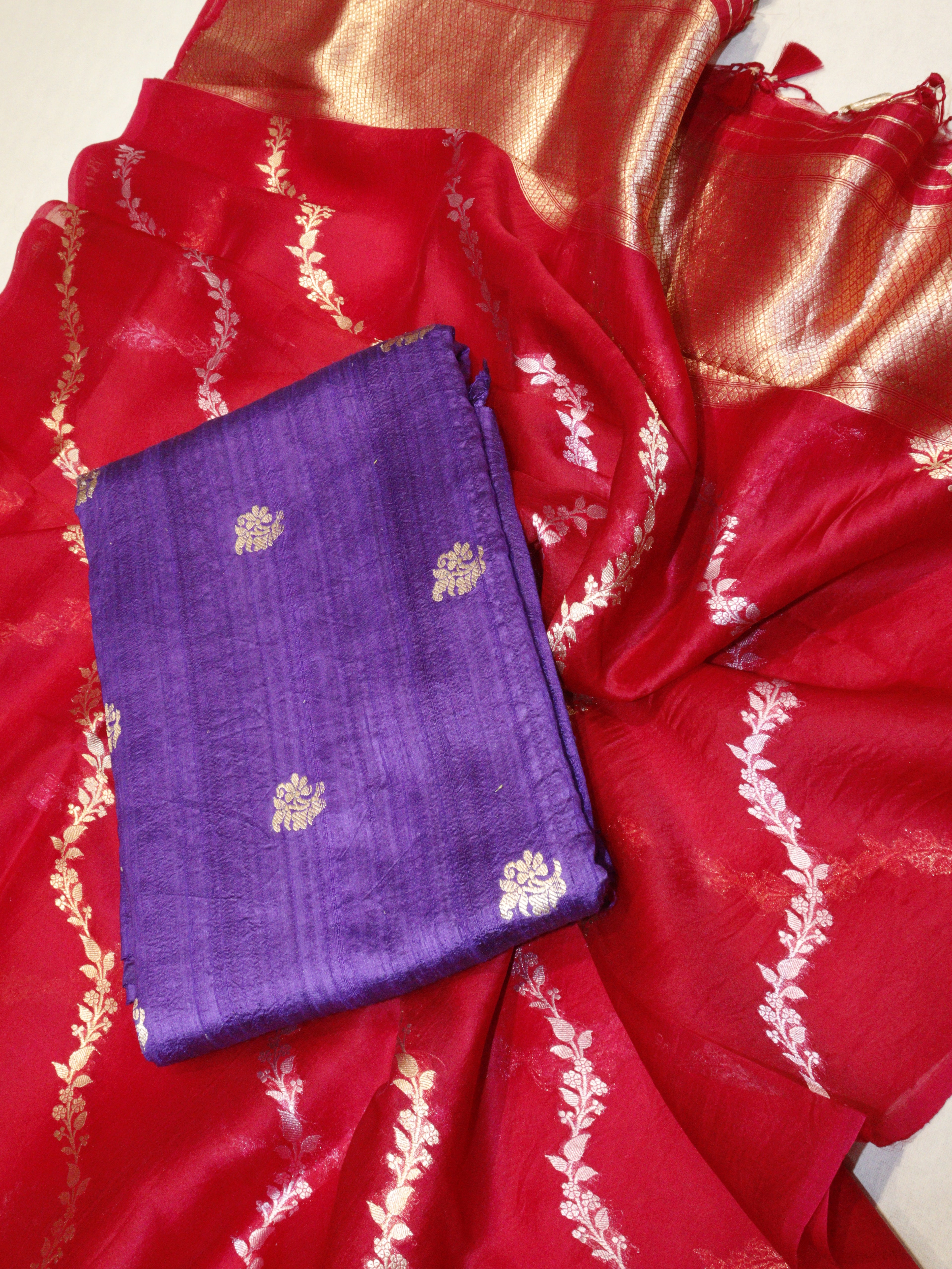 Banarasi Pure Tussar Suit with Kora Silk Dupatta - Bright Purple