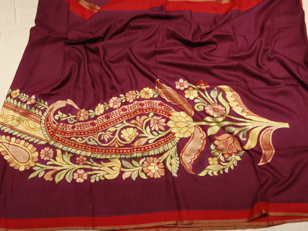 Paisley Pallu Handloom Banarasi Moonga Silk Saree - Purple with Red