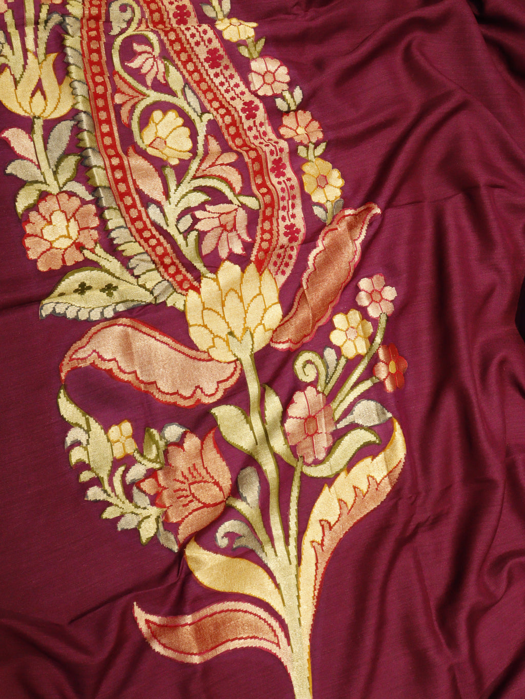 Paisley Pallu Handloom Banarasi Moonga Silk Saree - Purple with Red