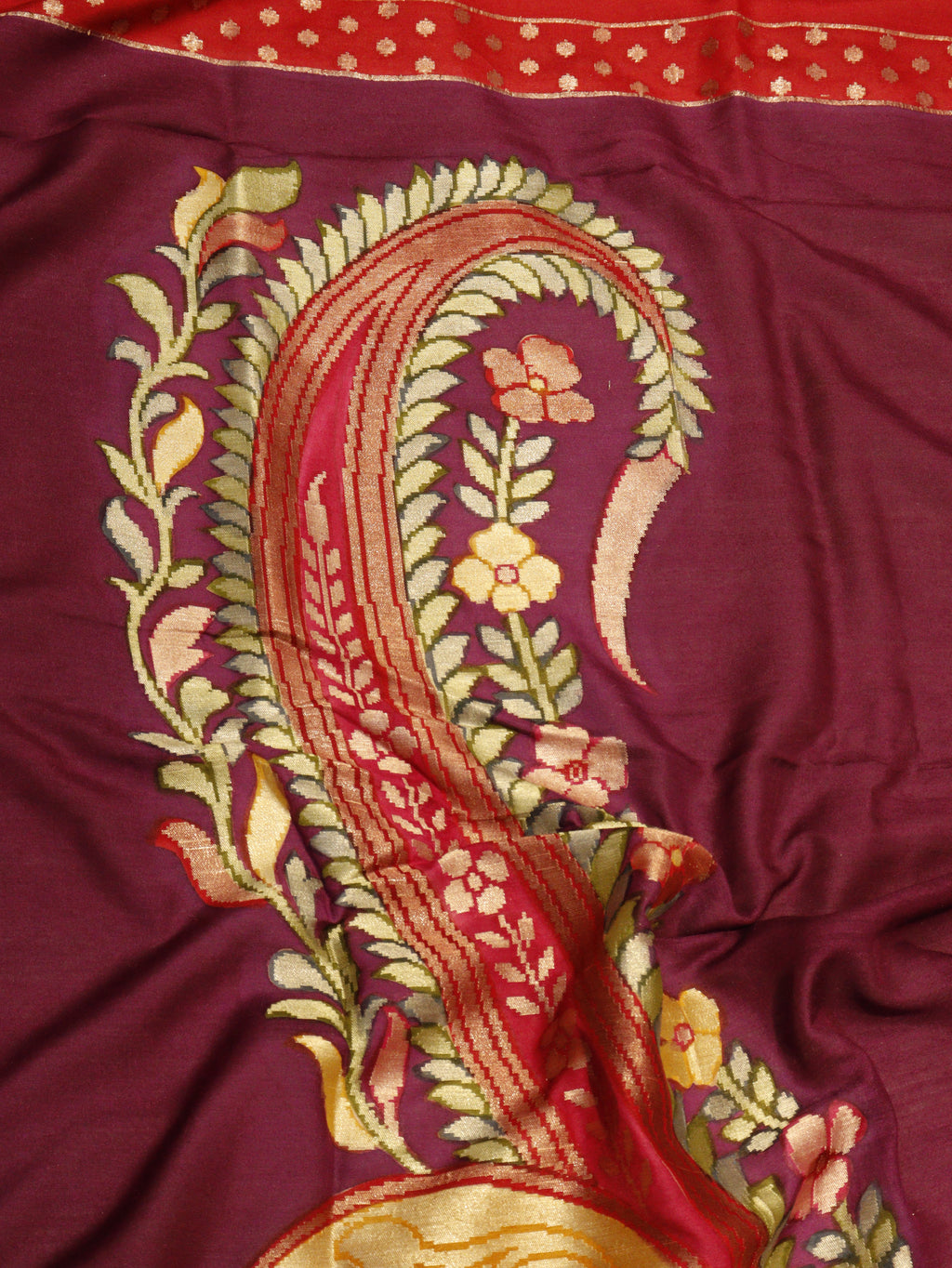 Paisley Pallu Handloom Banarasi Moonga Silk Saree - Purple with Red