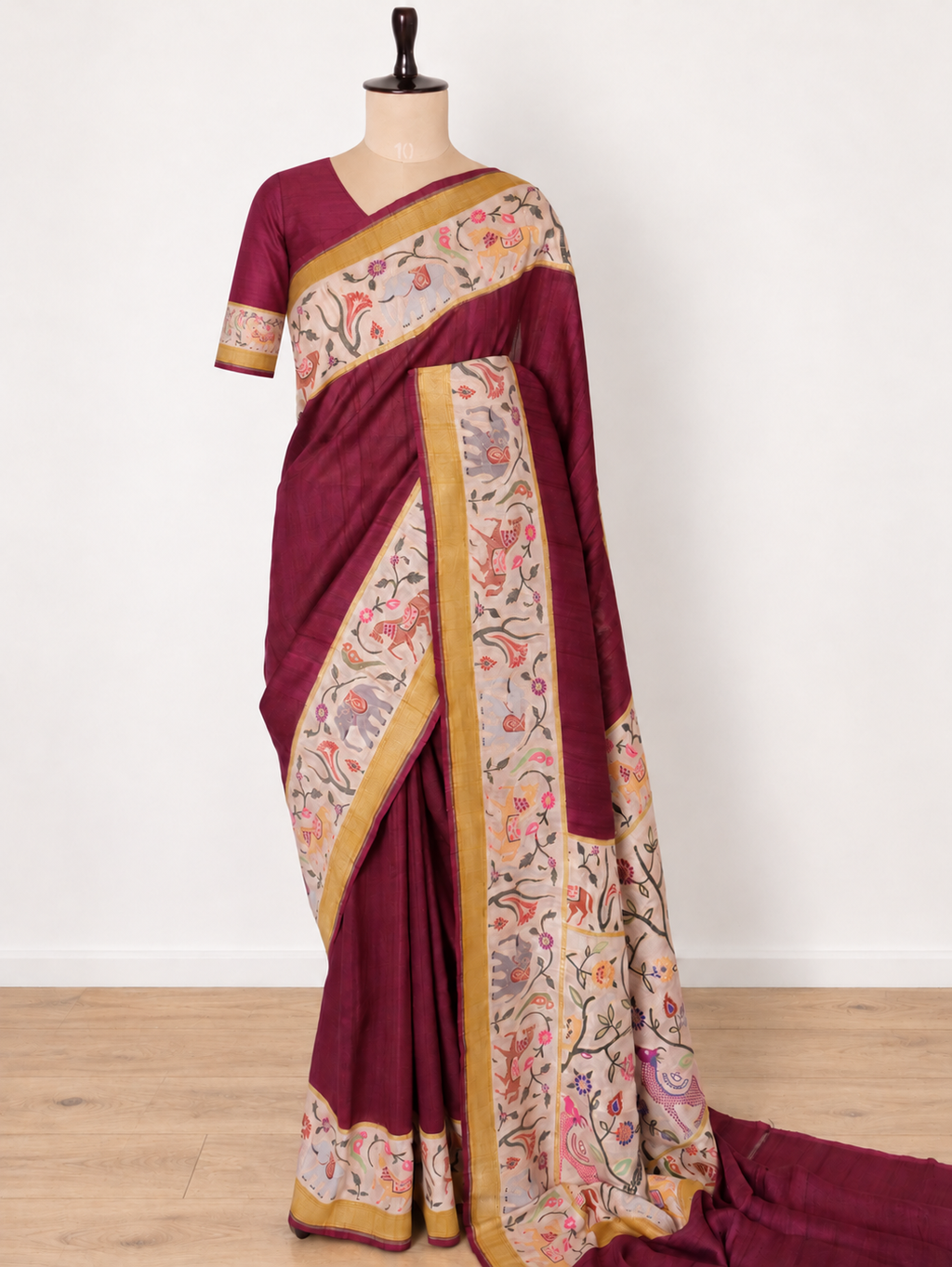 Wine Banarasi Saree with Multicoloured Heritage Border & Cream Pallu