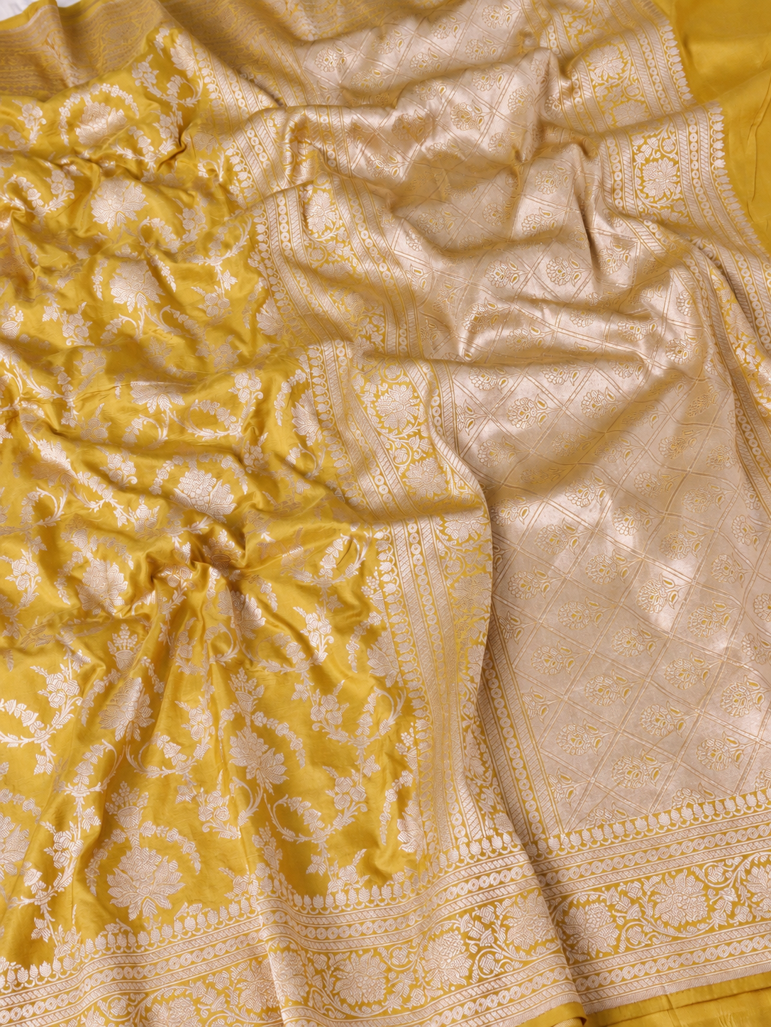 Haldi Yellow Banarasi Saree with Silver-Toned Floral Jaal