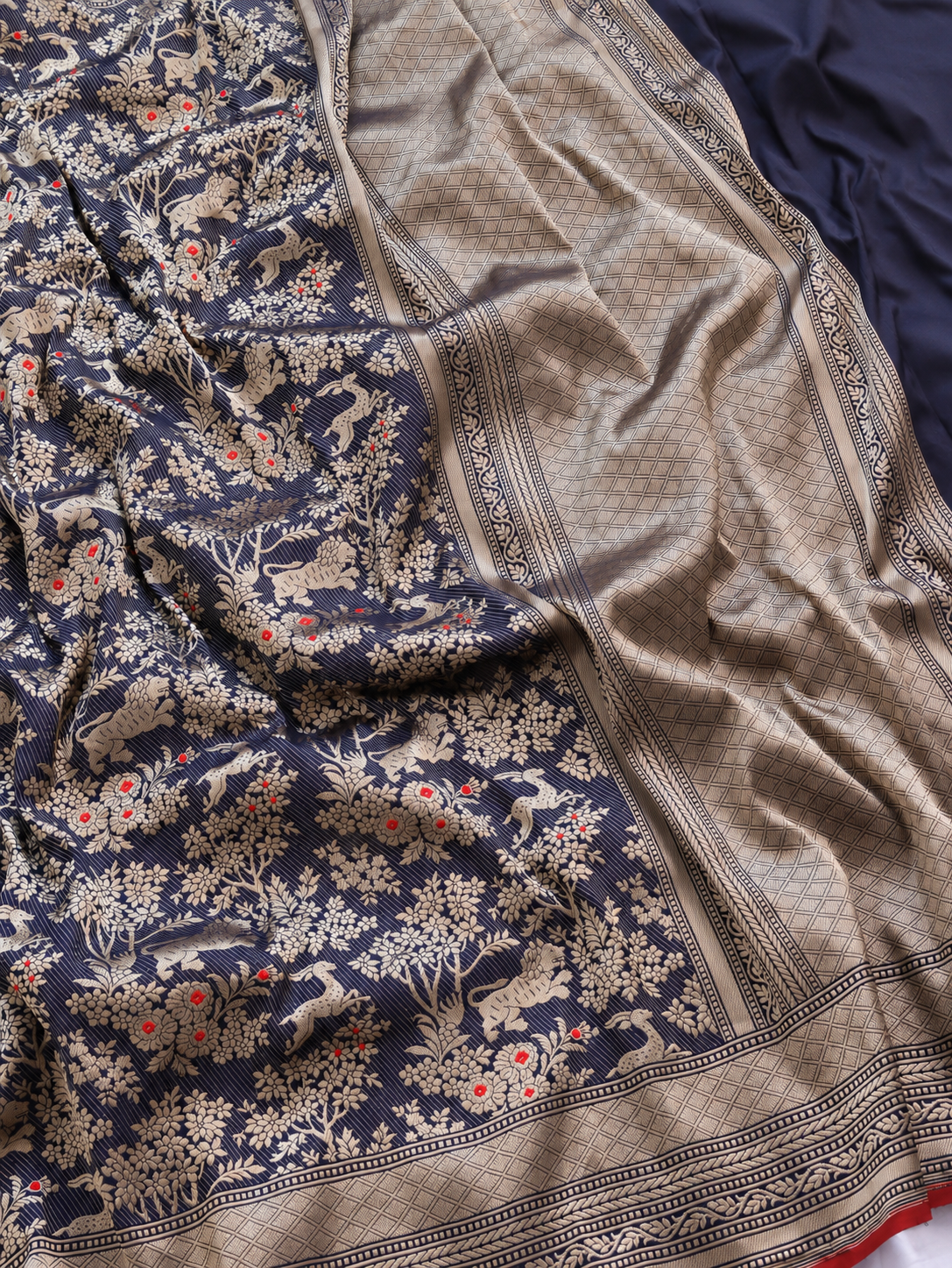Midnight Forest  Navy Blue Shikargah Banarasi Saree