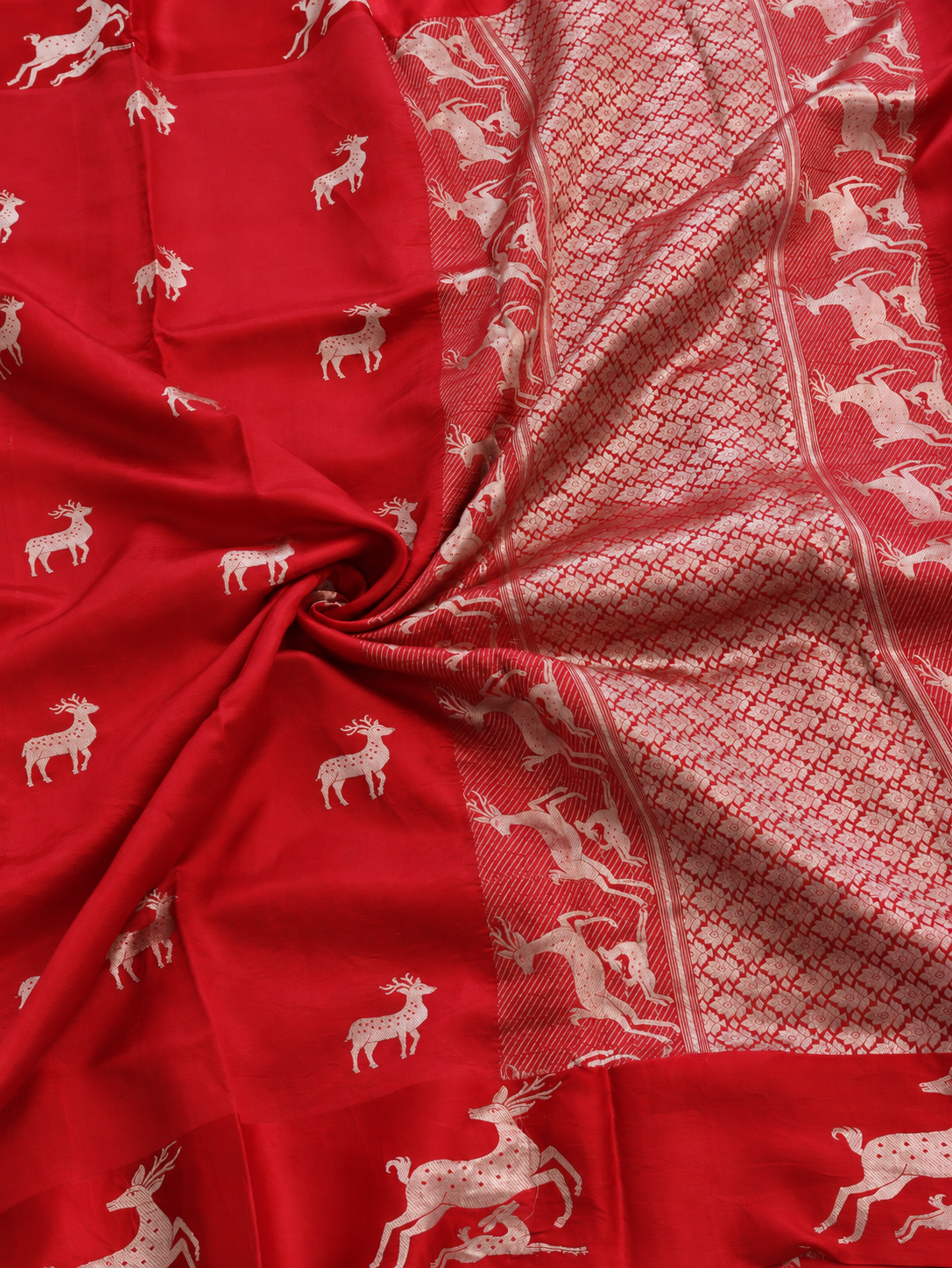 Mriga Cherry Red Banarasi Saree with Deer Motifs