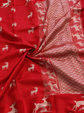 Mriga Cherry Red Banarasi Saree with Deer Motifs