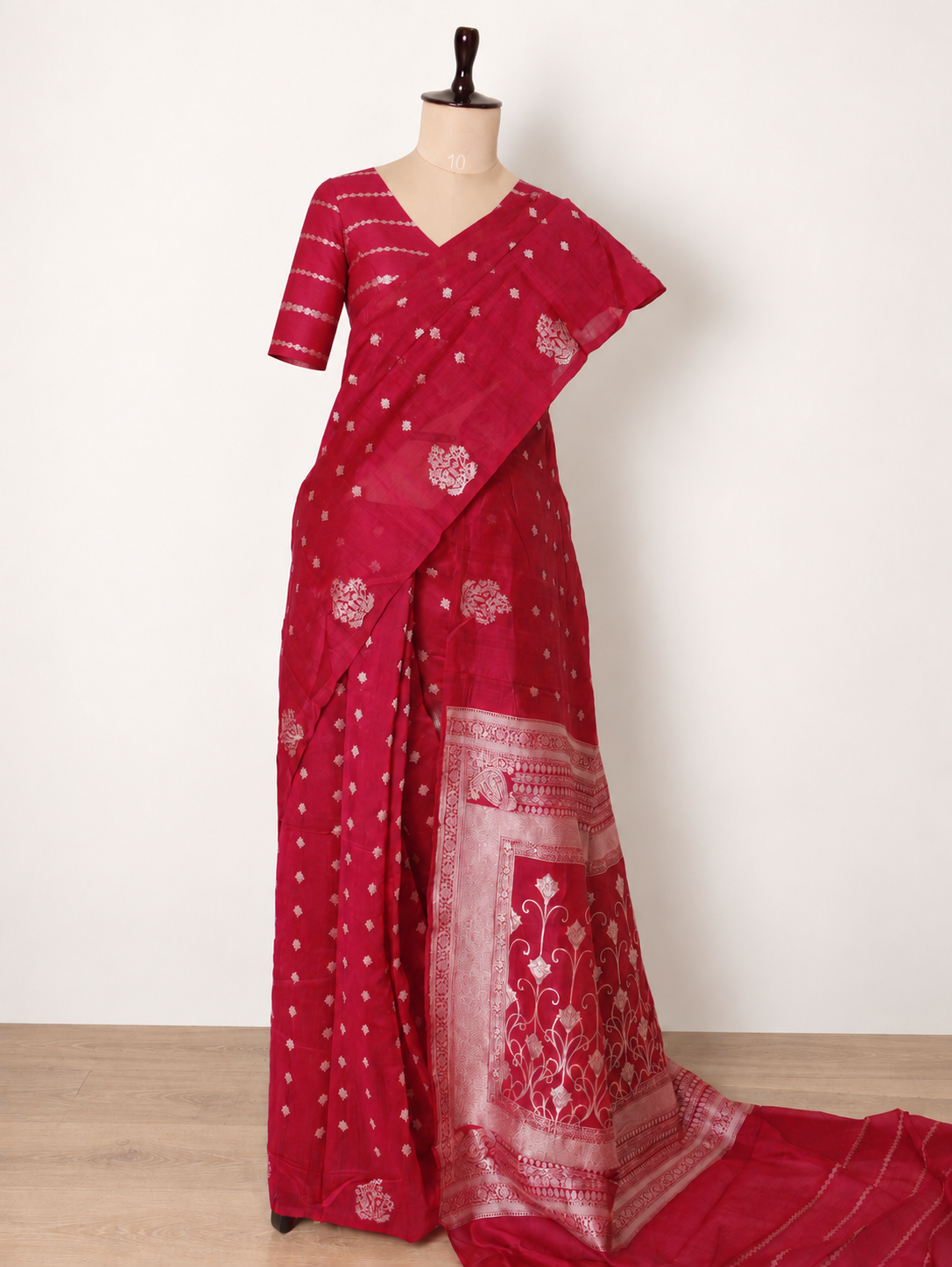 Rani Pink Tussar Linen Saree with Silver Zari Bootis & Floral Vine Pallu