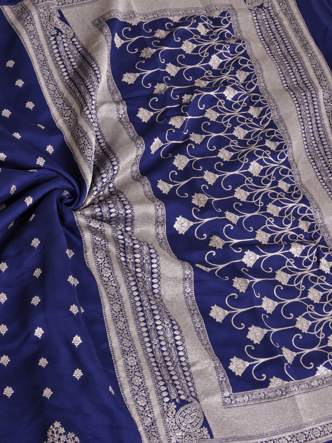 Rani Pink Tussar Linen Saree with Silver Zari Bootis & Floral Vine Pallu