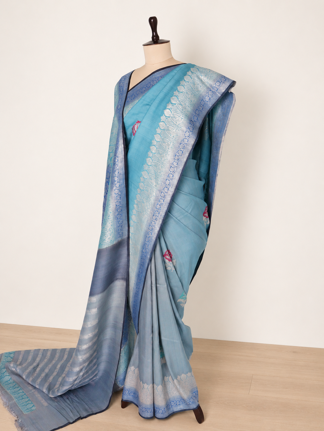 Neel Gulab Steel Blue & Aqua Banarasi Saree