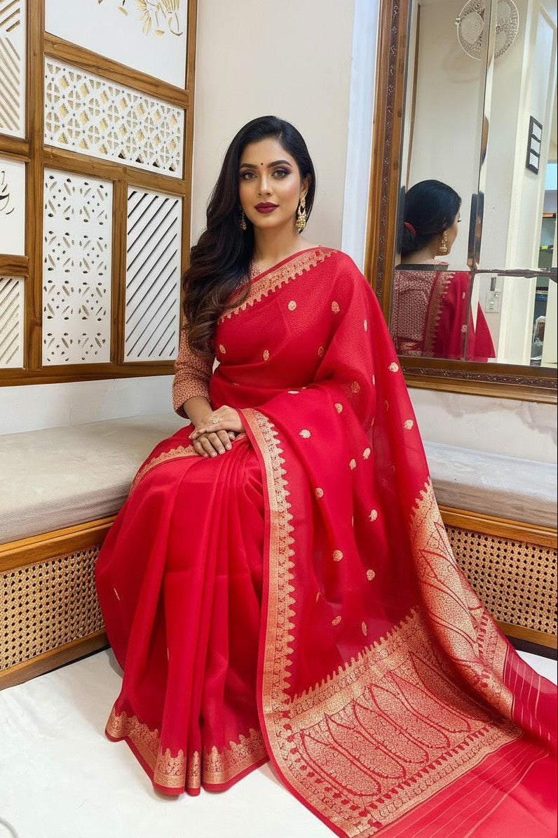 Cherry Red Pure Kora Silk Handloom Saree