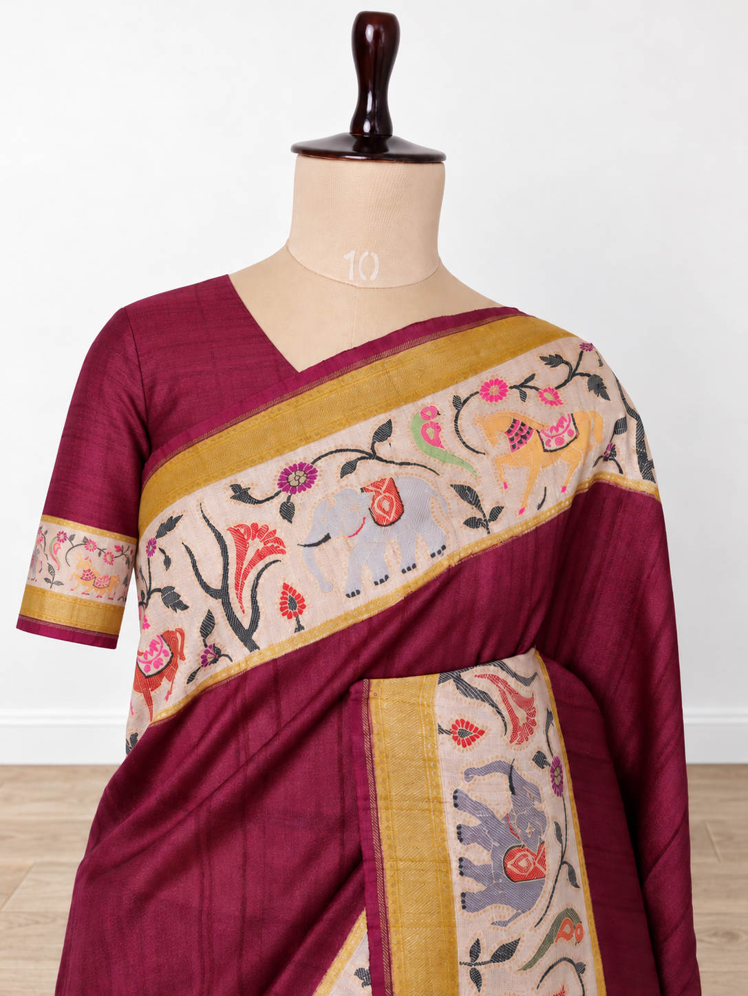 Wine Banarasi Saree with Multicoloured Heritage Border & Cream Pallu