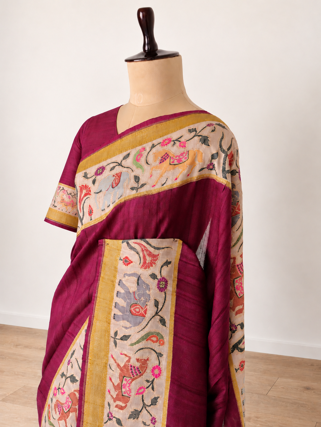 Wine Banarasi Saree with Multicoloured Heritage Border & Cream Pallu