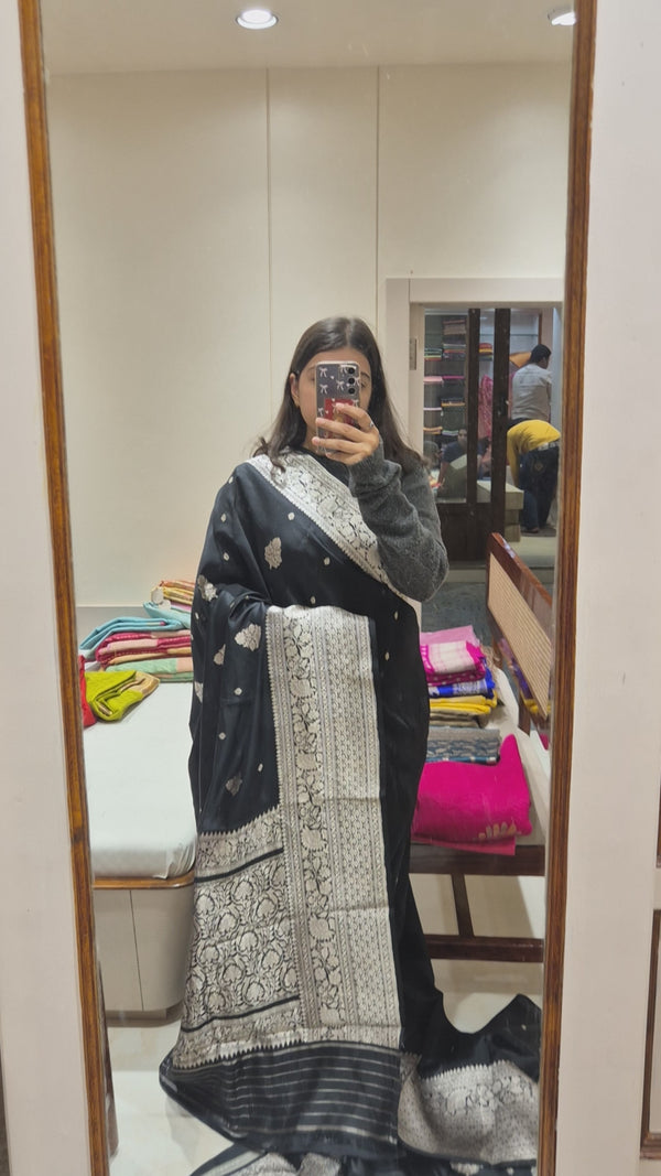 Black Banarasi Saree with Silver Zari Weaving