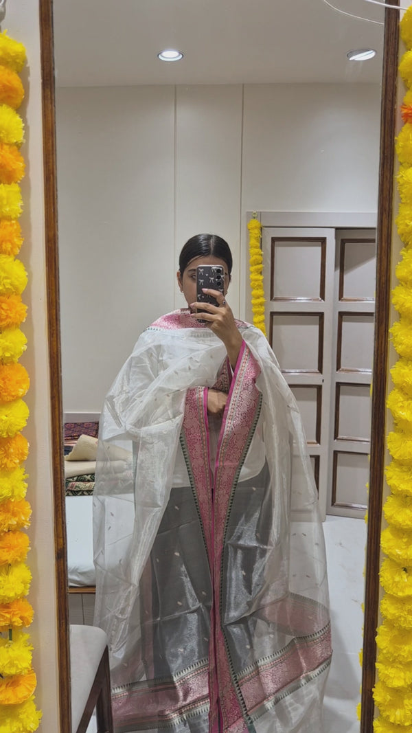 Handloom Pure Tissue Silk Dupatta with Katan Silk Border