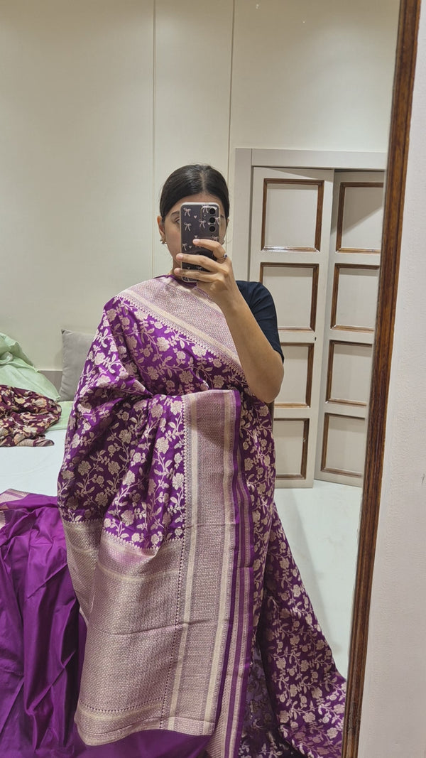 Handloom Pure Katan Silk Saree In Brinjal Purple