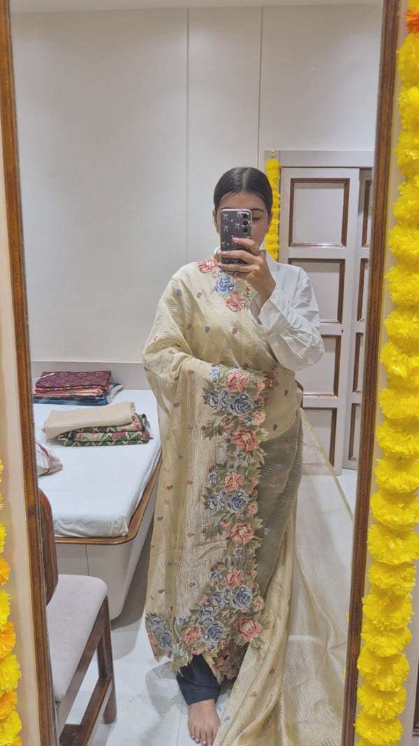 Crush Tissue Silk Saree with Cross Stitch Border
