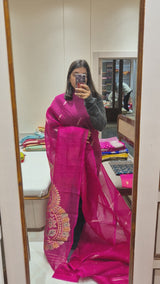 Handloom Pure Kora Silk Saree with Paisley Pallu in Rani Pink