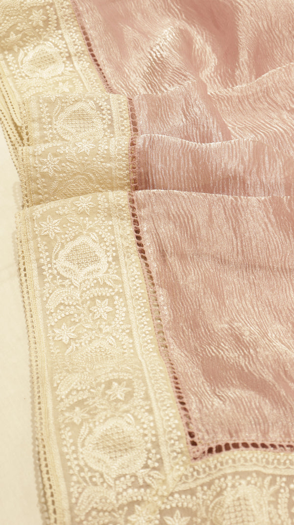 Handloom Crushed Tissue Saree With Cross- Stitched Border