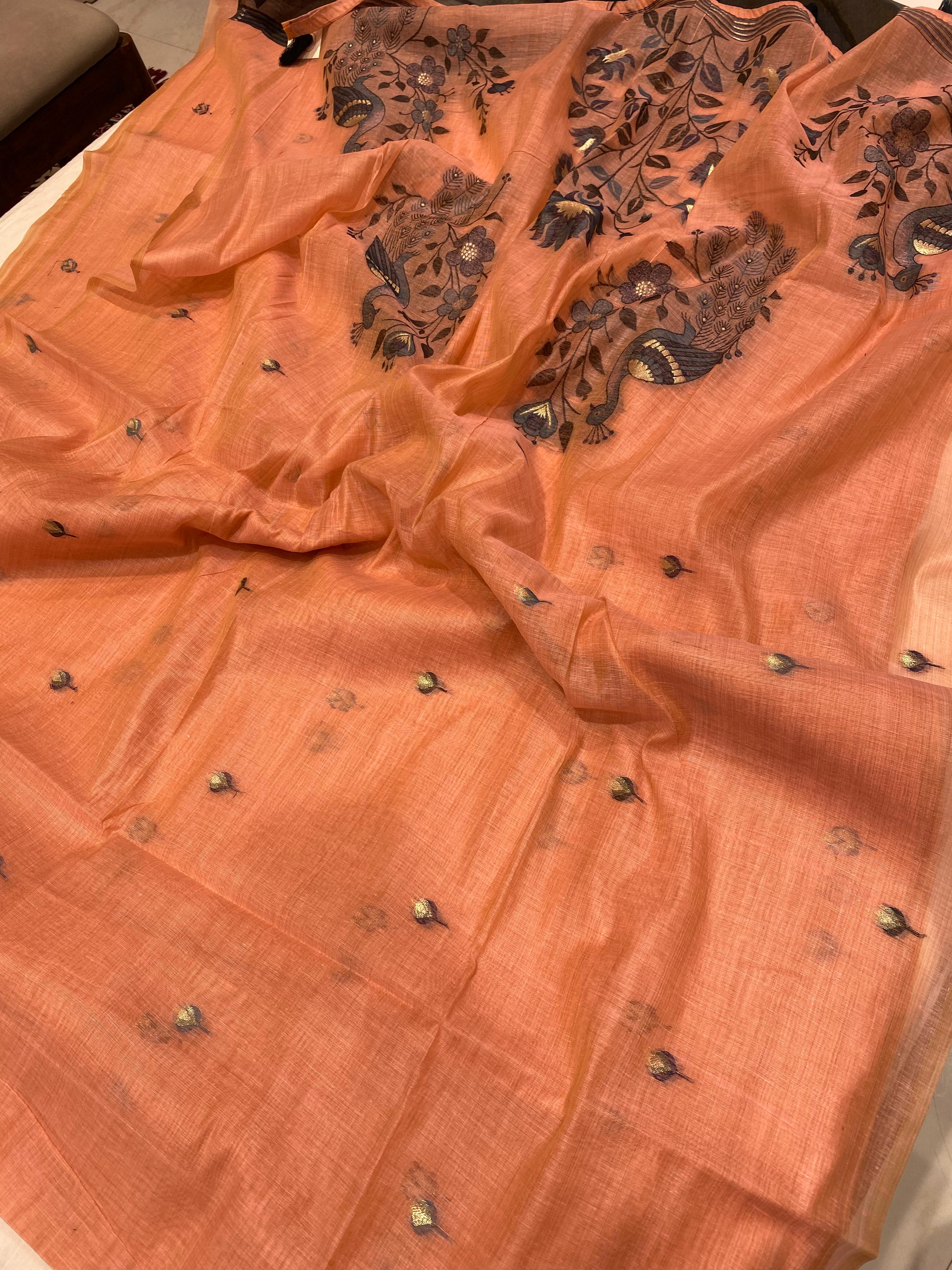 Soft Peach Semi-Muslin Saree
