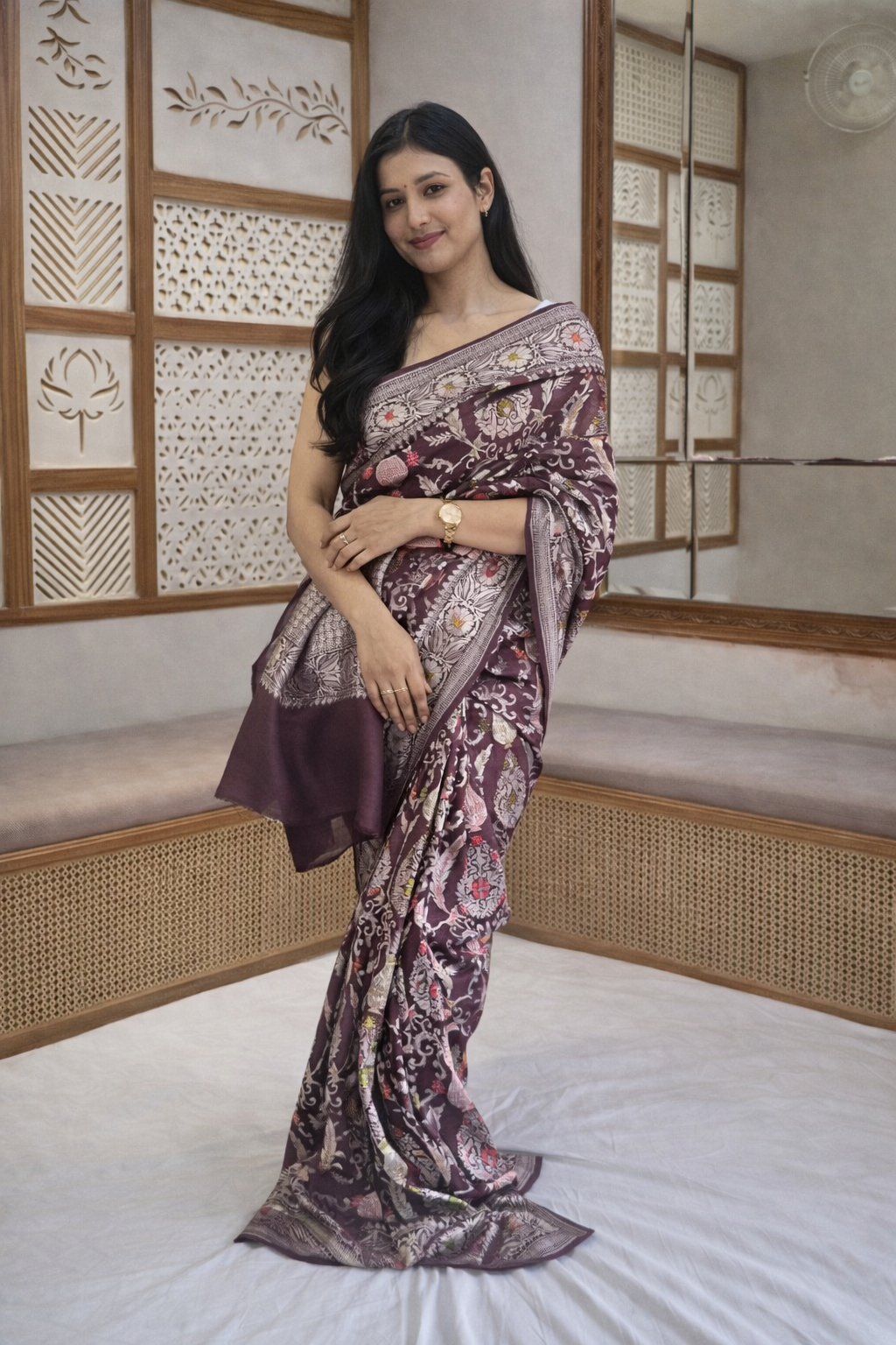 Traditional border Handloom Pure Tussar Silk - Maroon