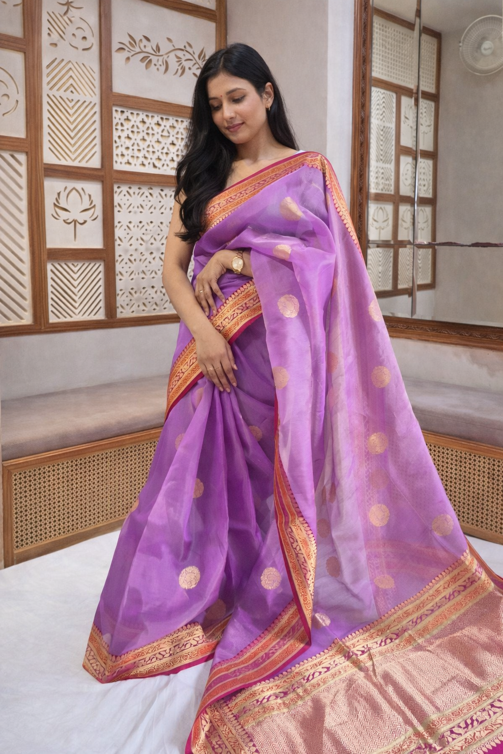 Contrast border Handloom Pure Tissue Silk - Orchid Purple