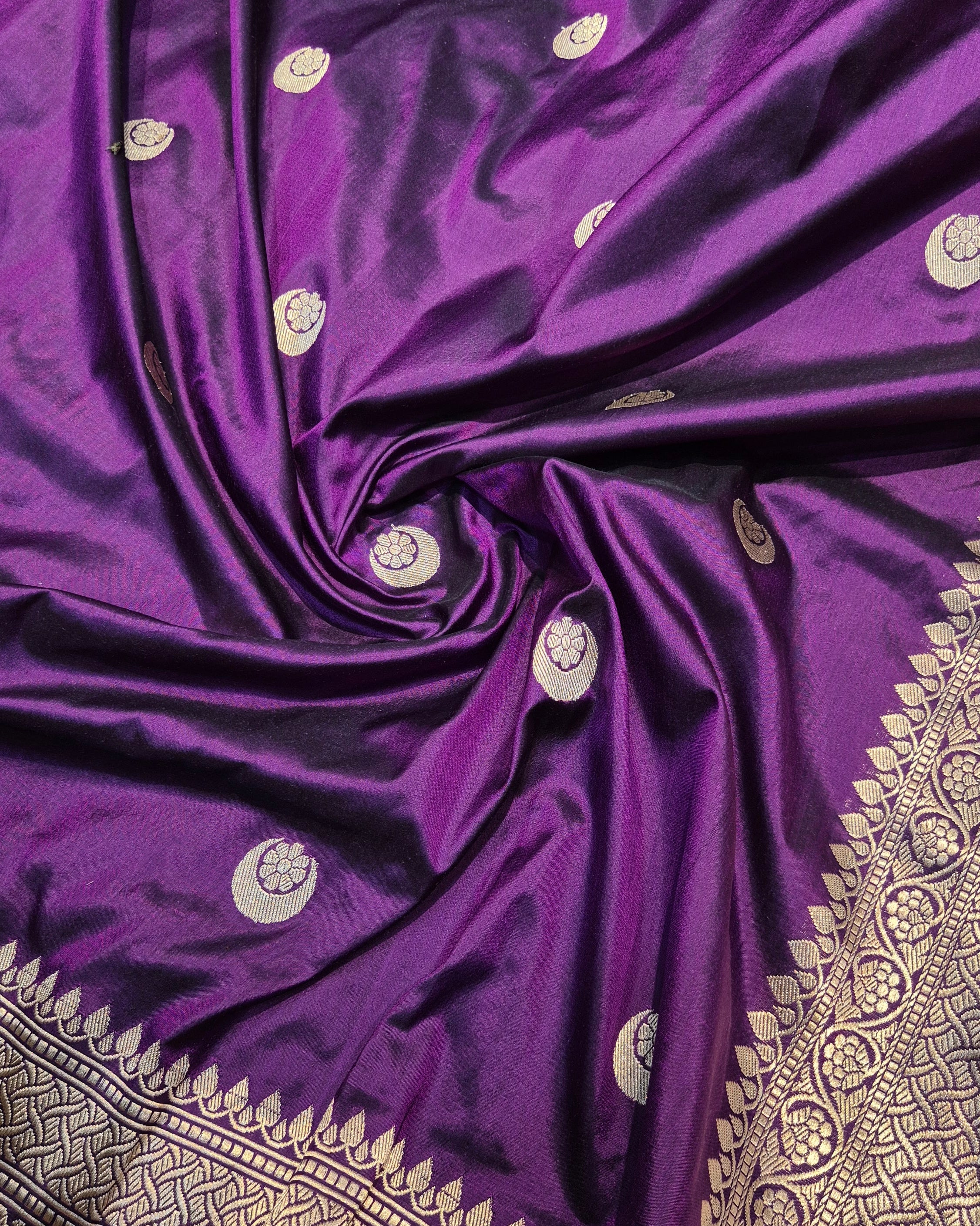 Handloom Pure Katan Chandphool Banarasi Saree - Aubergine