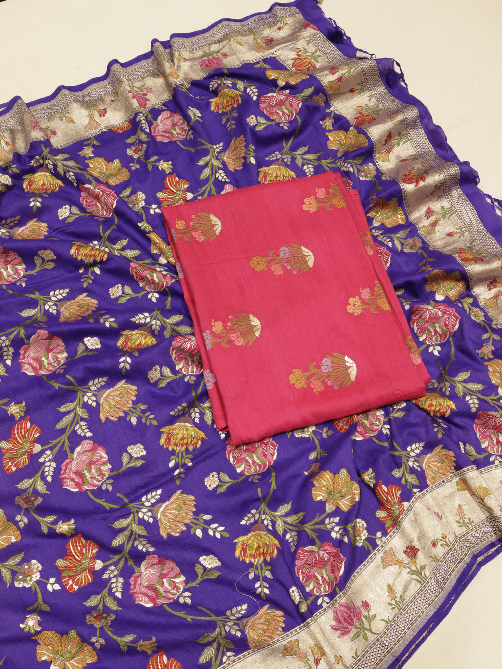 Pink Pure Moonga Silk Handloom Suit Set with Contrast Dupatta