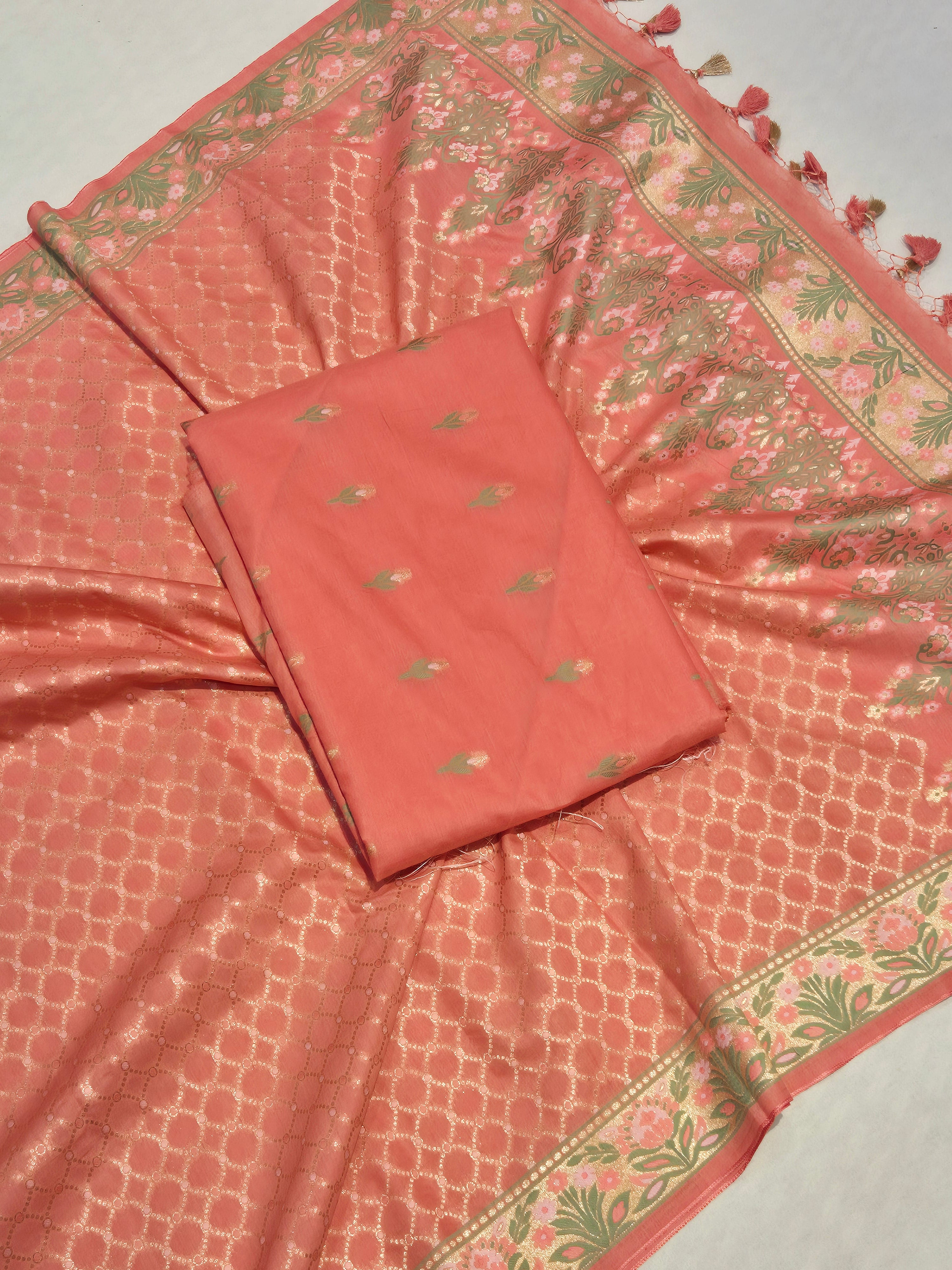 Banarasi Pure Cotton Suit Set - Peach