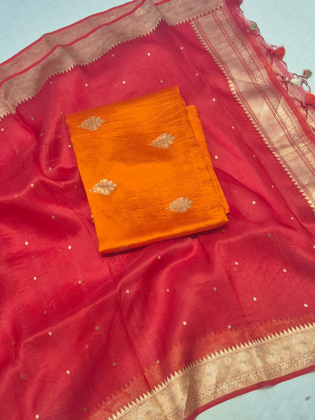 Handloom Pure Soft Katan Silk Suit - Orange