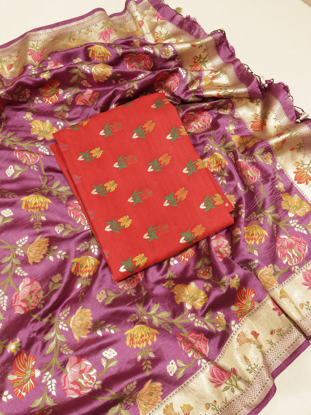 Red Pure Moonga Silk Handloom Suit Set with Contrast Dupatta