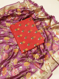 Red Pure Moonga Silk Handloom Suit Set with Contrast Dupatta