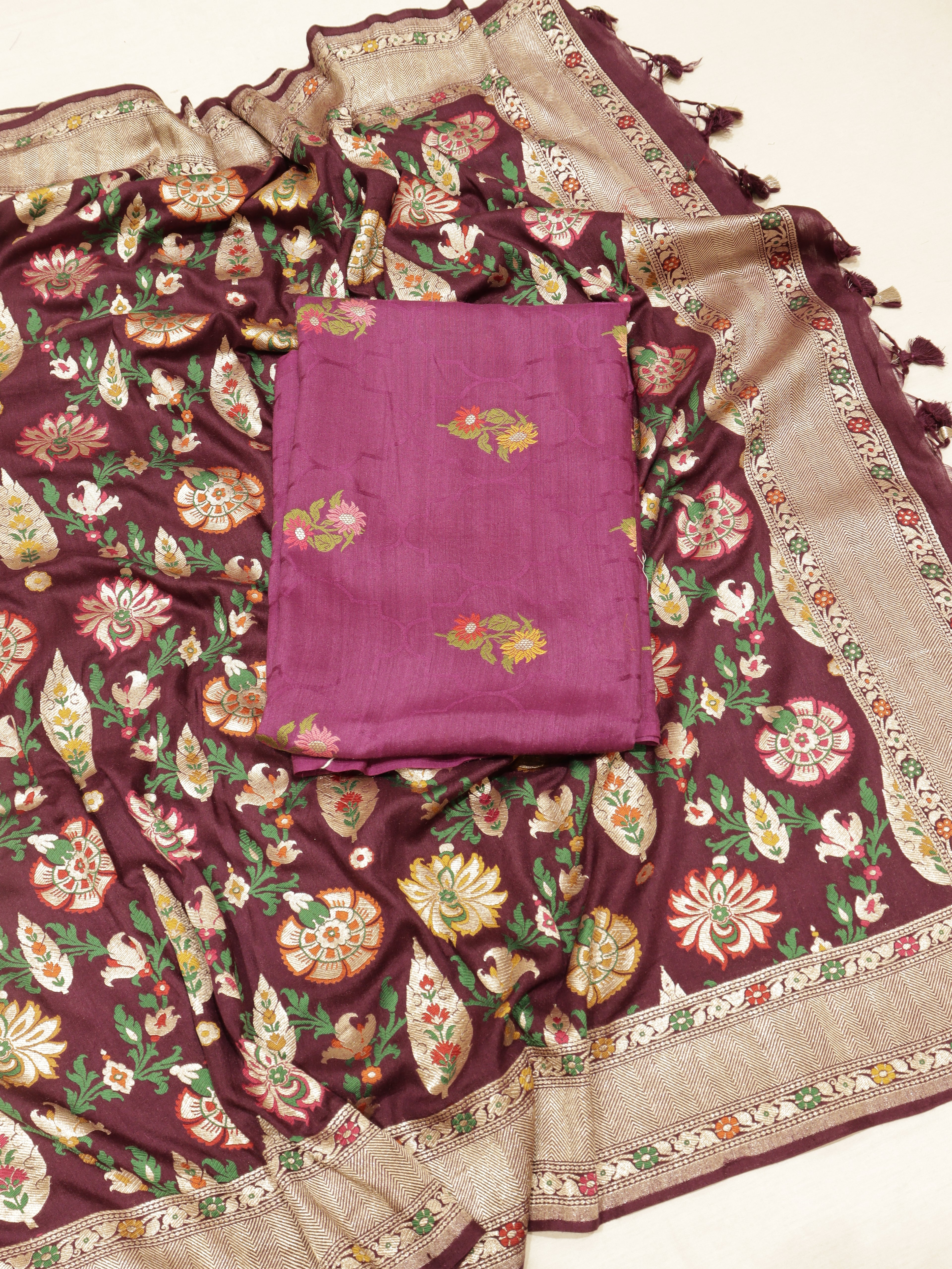 Purple Pure Moonga Silk Handloom Suit Set with Contrast Dupatta