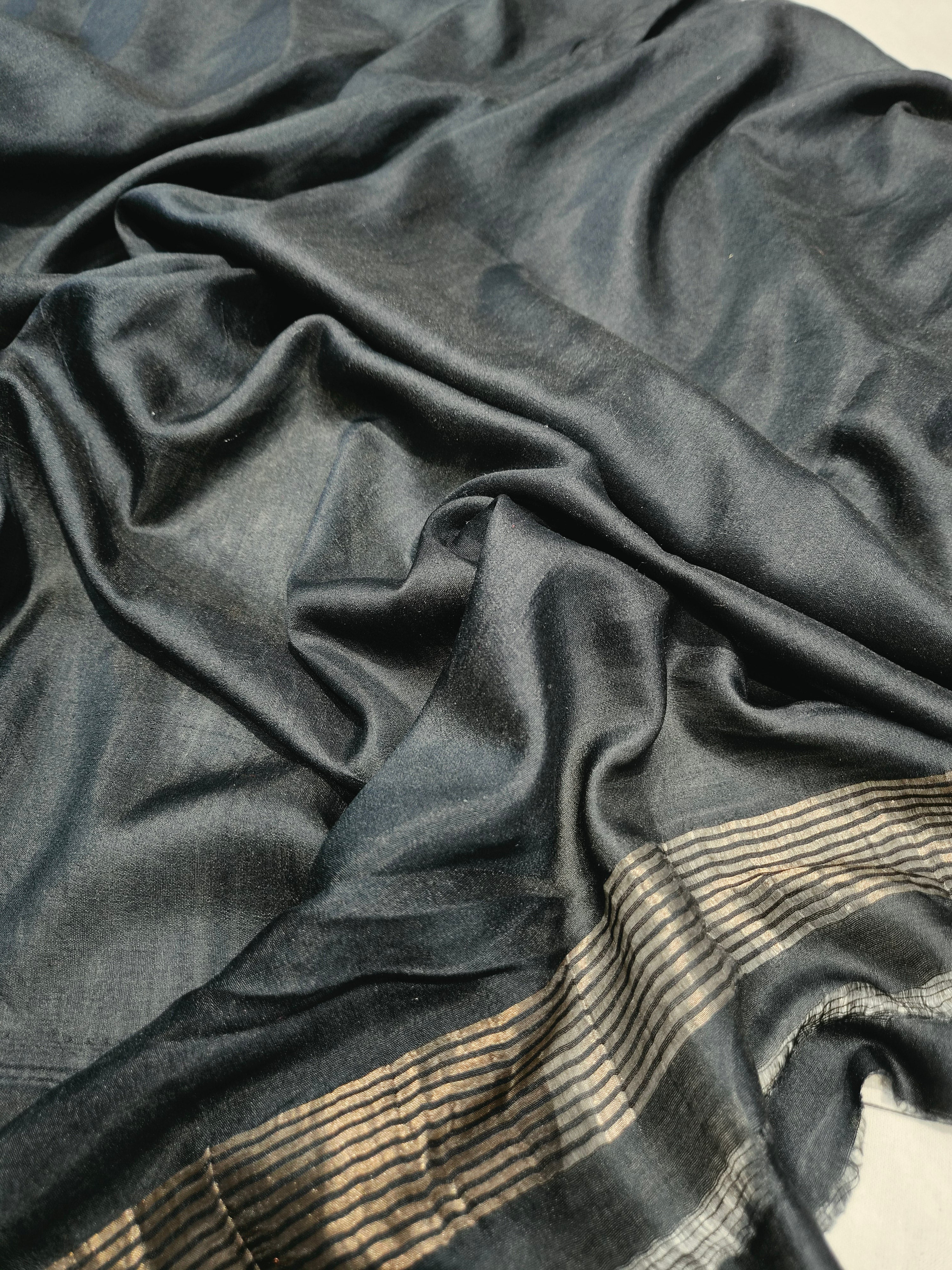 Striped Chiniya Silk Saree in Black Colour