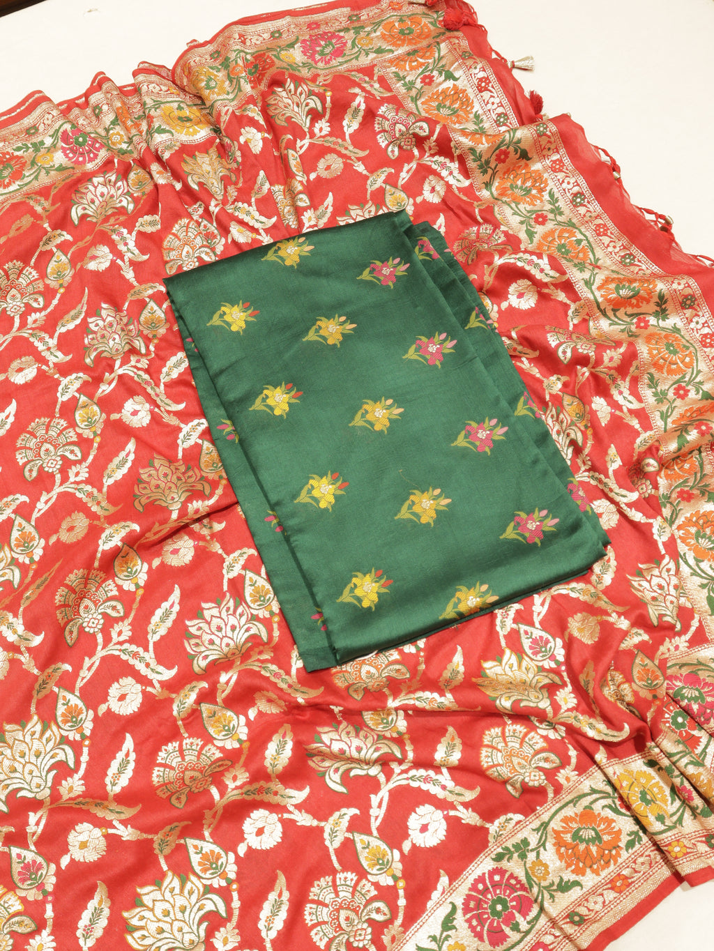 Green Pure Moonga Silk Handloom Suit Set with Contrast Dupatta